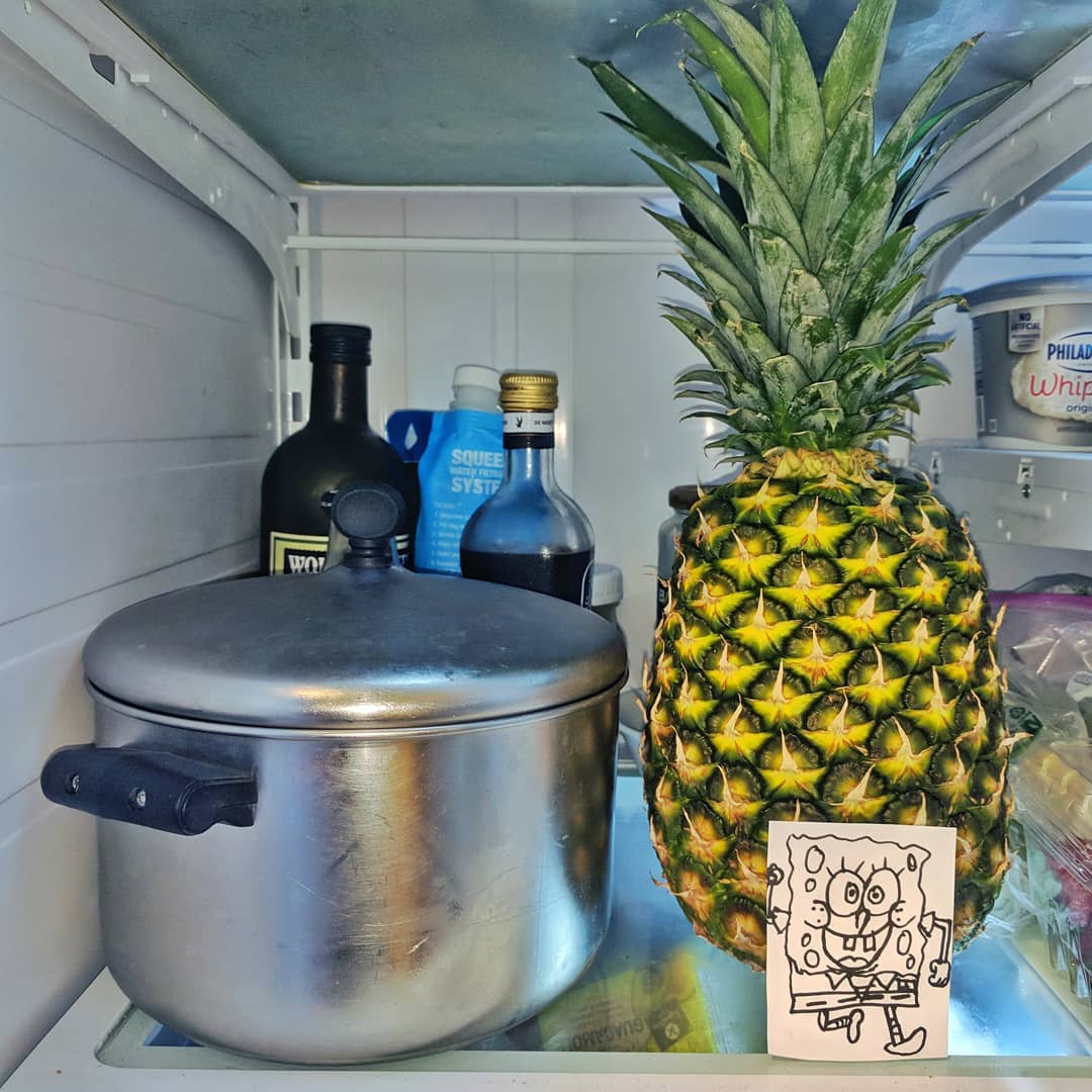 Delighted that both my sons exceed me in artistic ability and sense of humor. This was Jonathan’s contribution yesterday  to our joie de vivre. He bought the pineapple and placed it with Sponge Bob drawing while we got our Sunday nap.